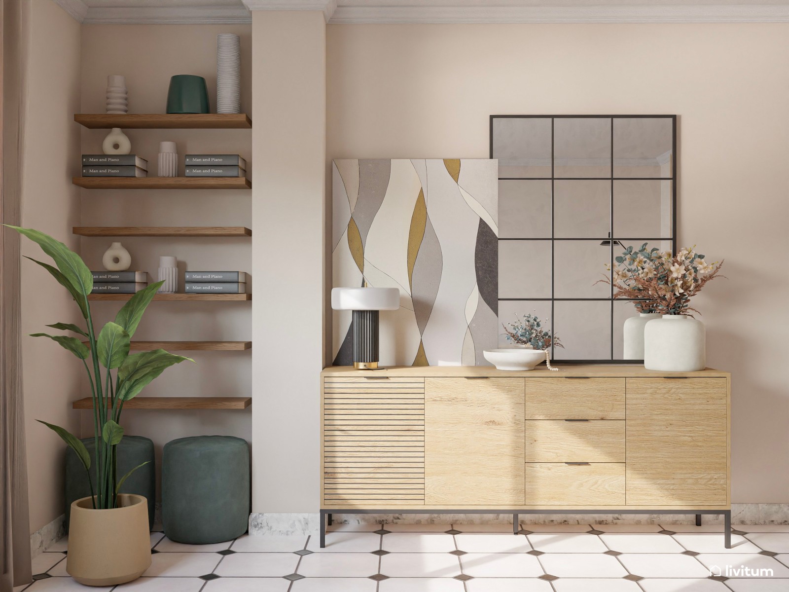 Salón moderno y elegante con gran obra de arte abstracta