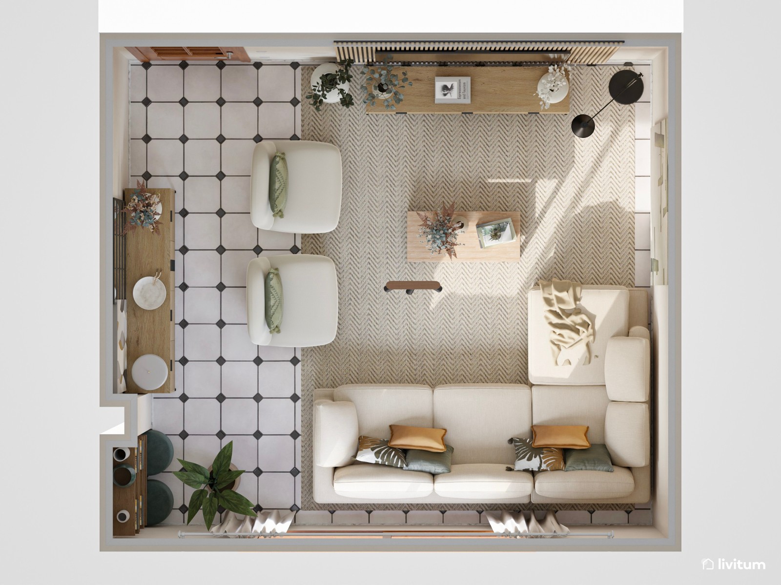 Salón moderno y elegante con gran obra de arte abstracta