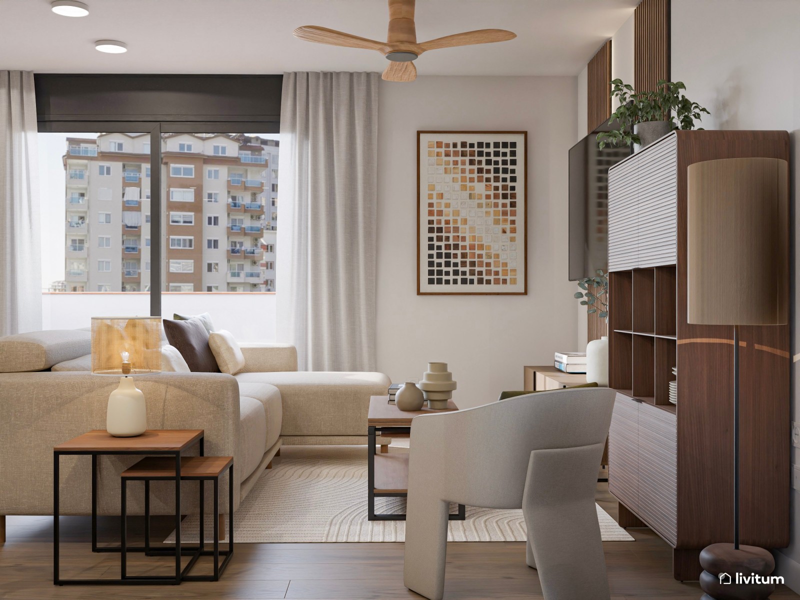 Salón moderno y elegante de madera oscura y comedor ovalado