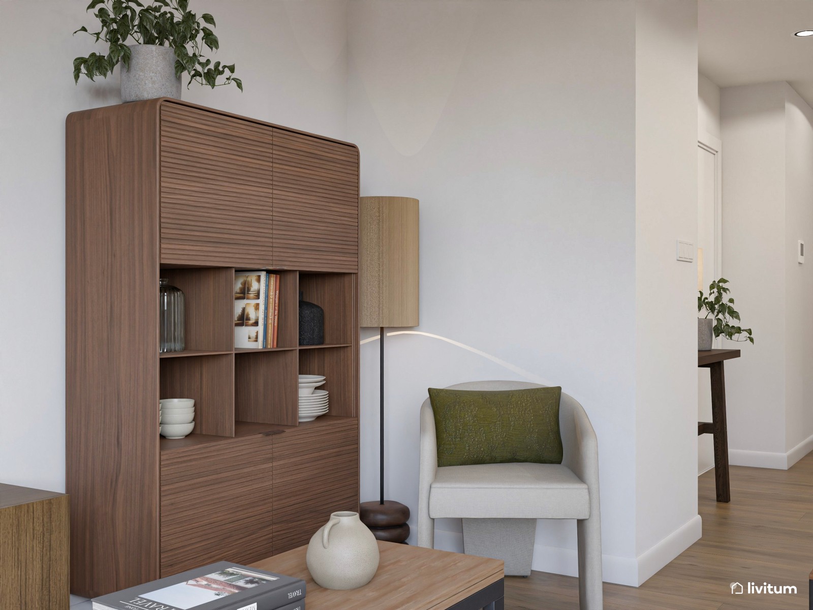 Salón moderno y elegante de madera oscura y comedor ovalado