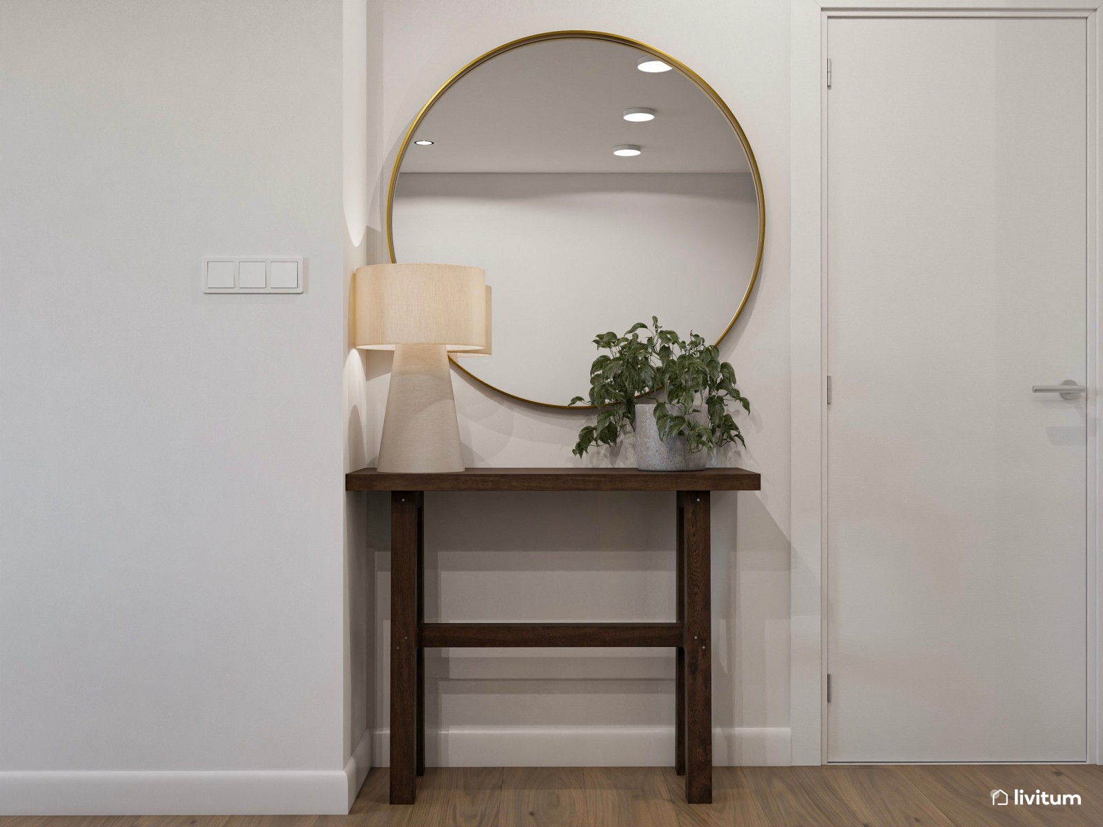 Salón moderno y elegante de madera oscura y comedor ovalado