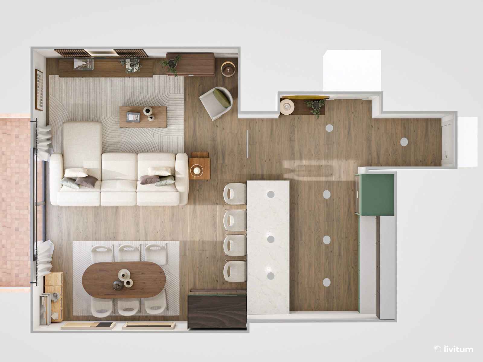 Salón moderno y elegante de madera oscura y comedor ovalado