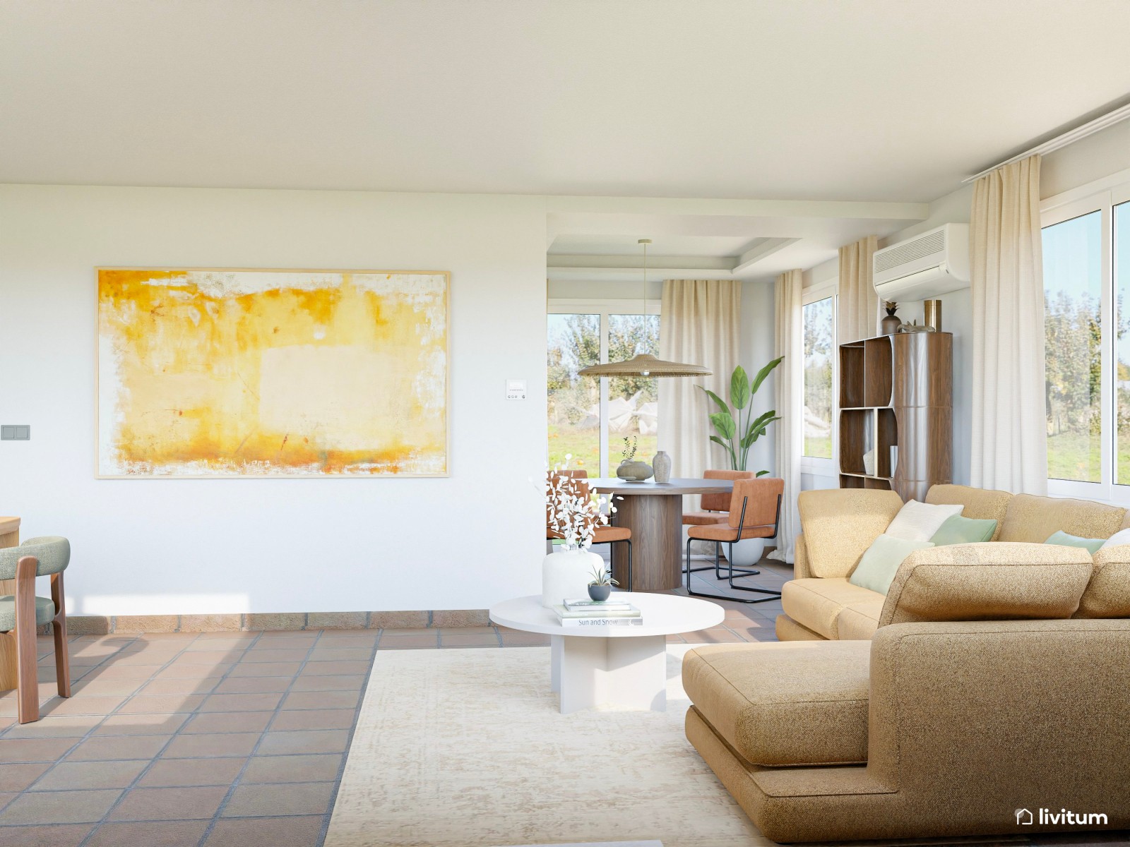 Salón moderno y fresco con mobiliario de líneas curvas y color