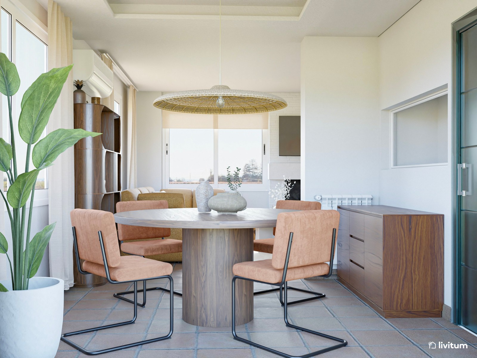 Salón moderno y fresco con mobiliario de líneas curvas y color