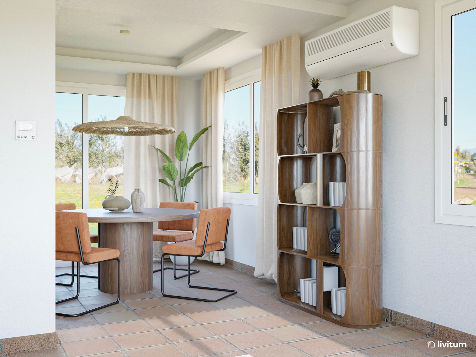Salón moderno y fresco con mobiliario de líneas curvas y color
