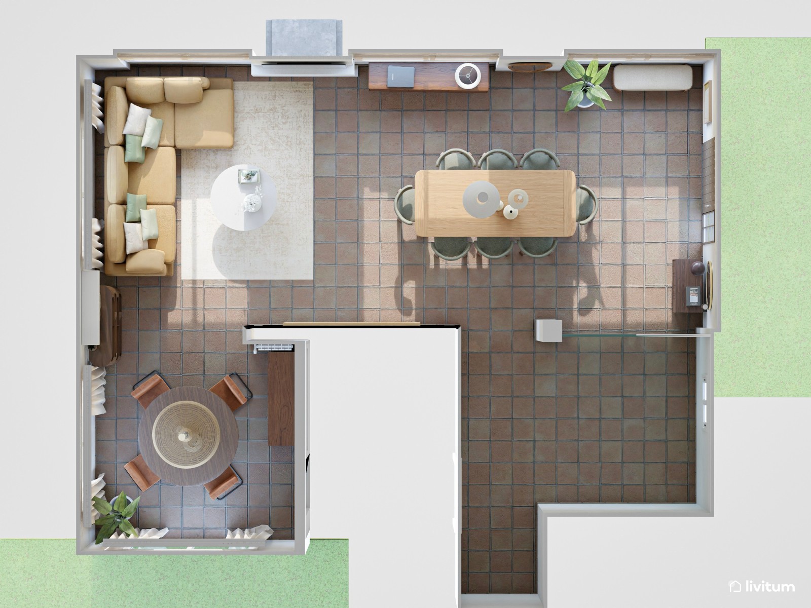 Salón moderno y fresco con mobiliario de líneas curvas y color