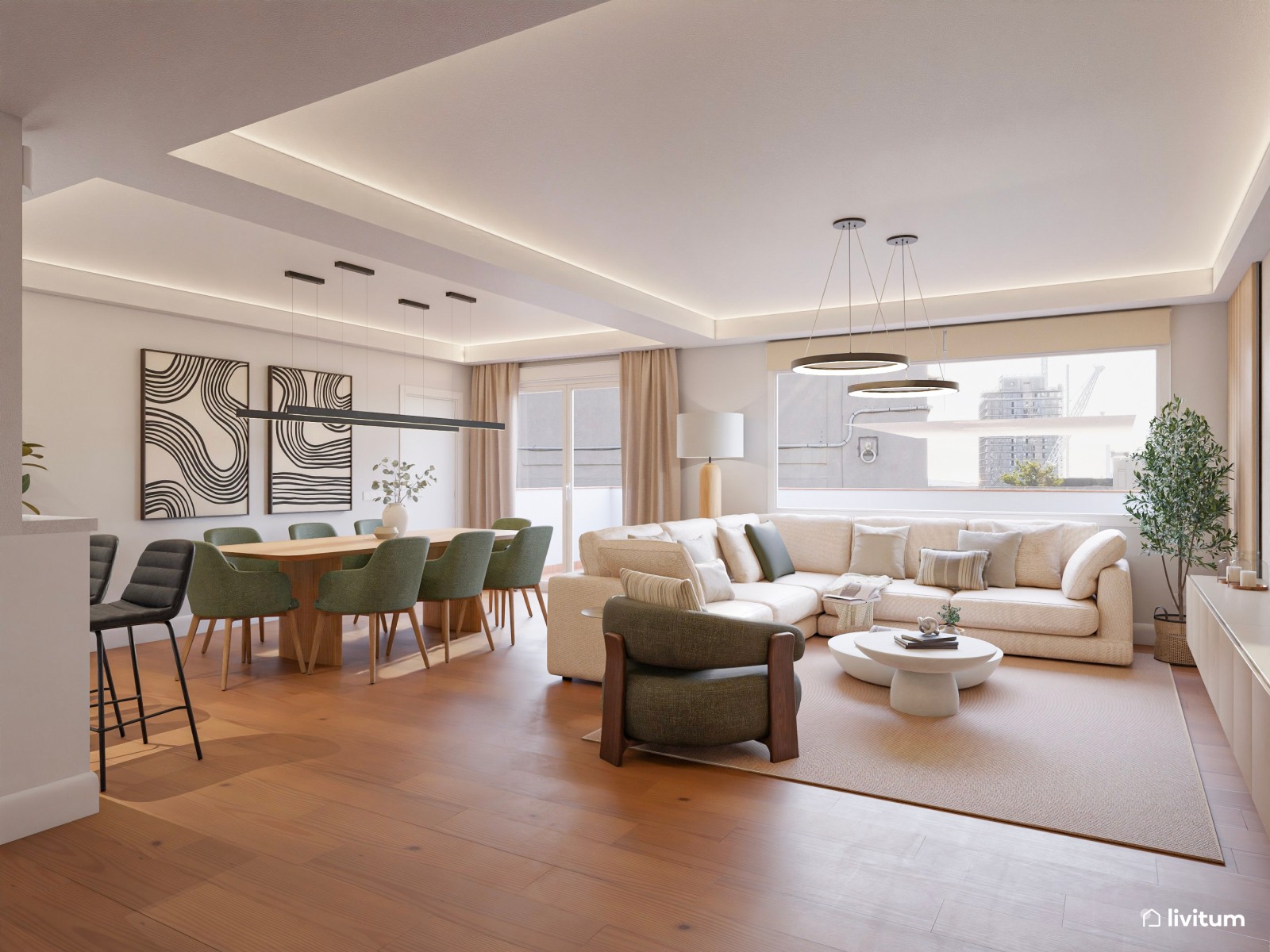 Salón moderno y grande en tonos neutros y sillas verdes