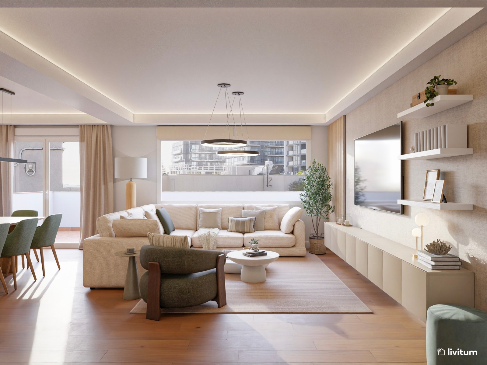 Salón moderno y grande en tonos neutros y sillas verdes