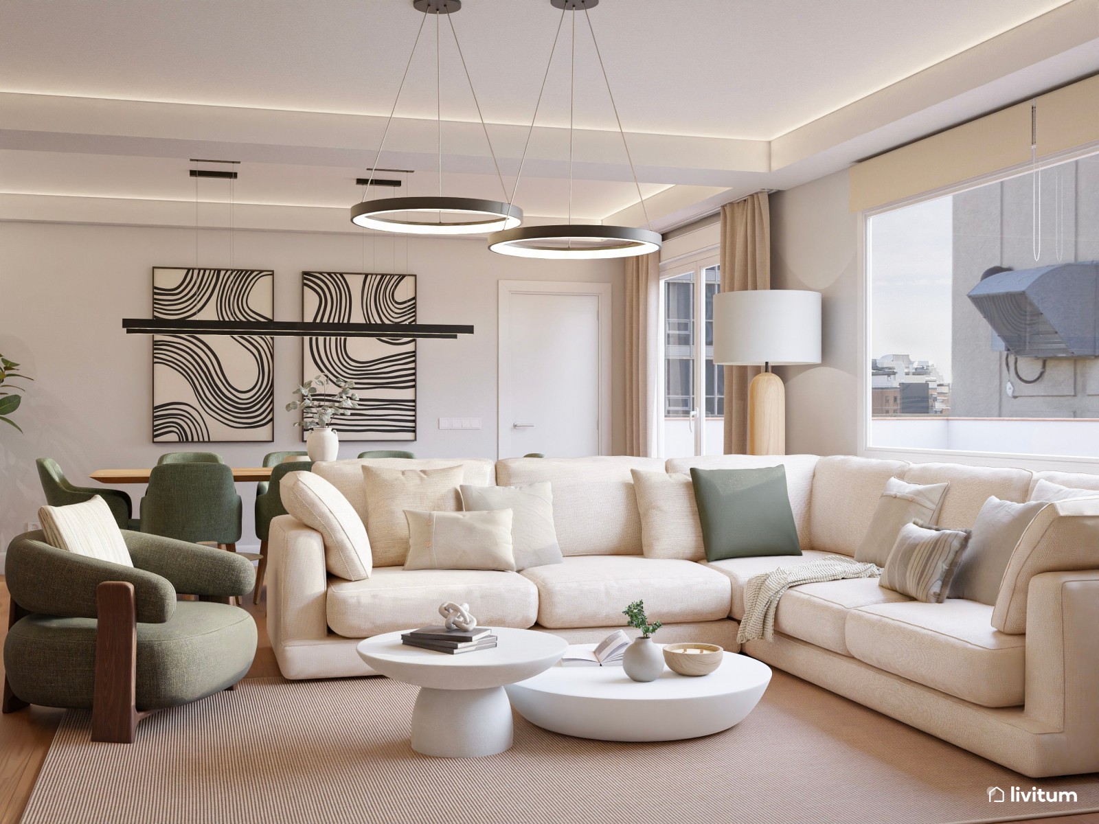 Salón moderno y grande en tonos neutros y sillas verdes