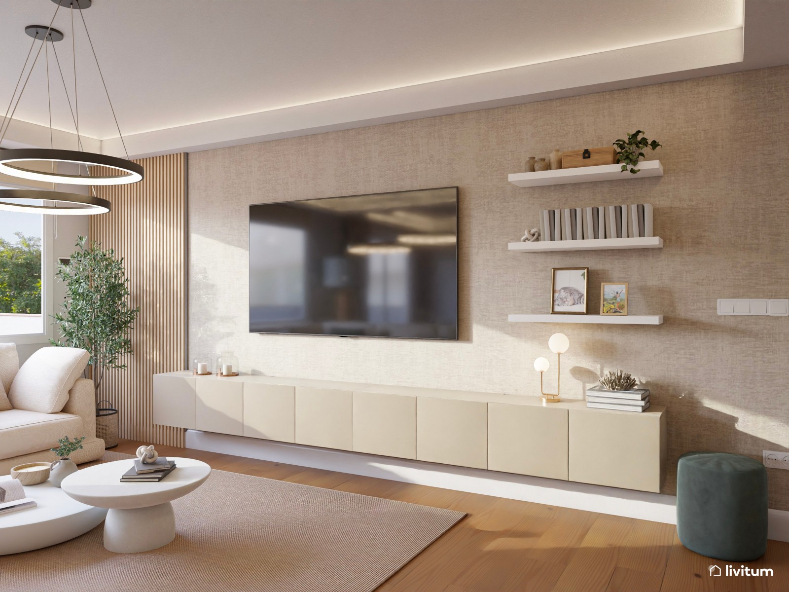 Salón moderno y grande en tonos neutros y sillas verdes