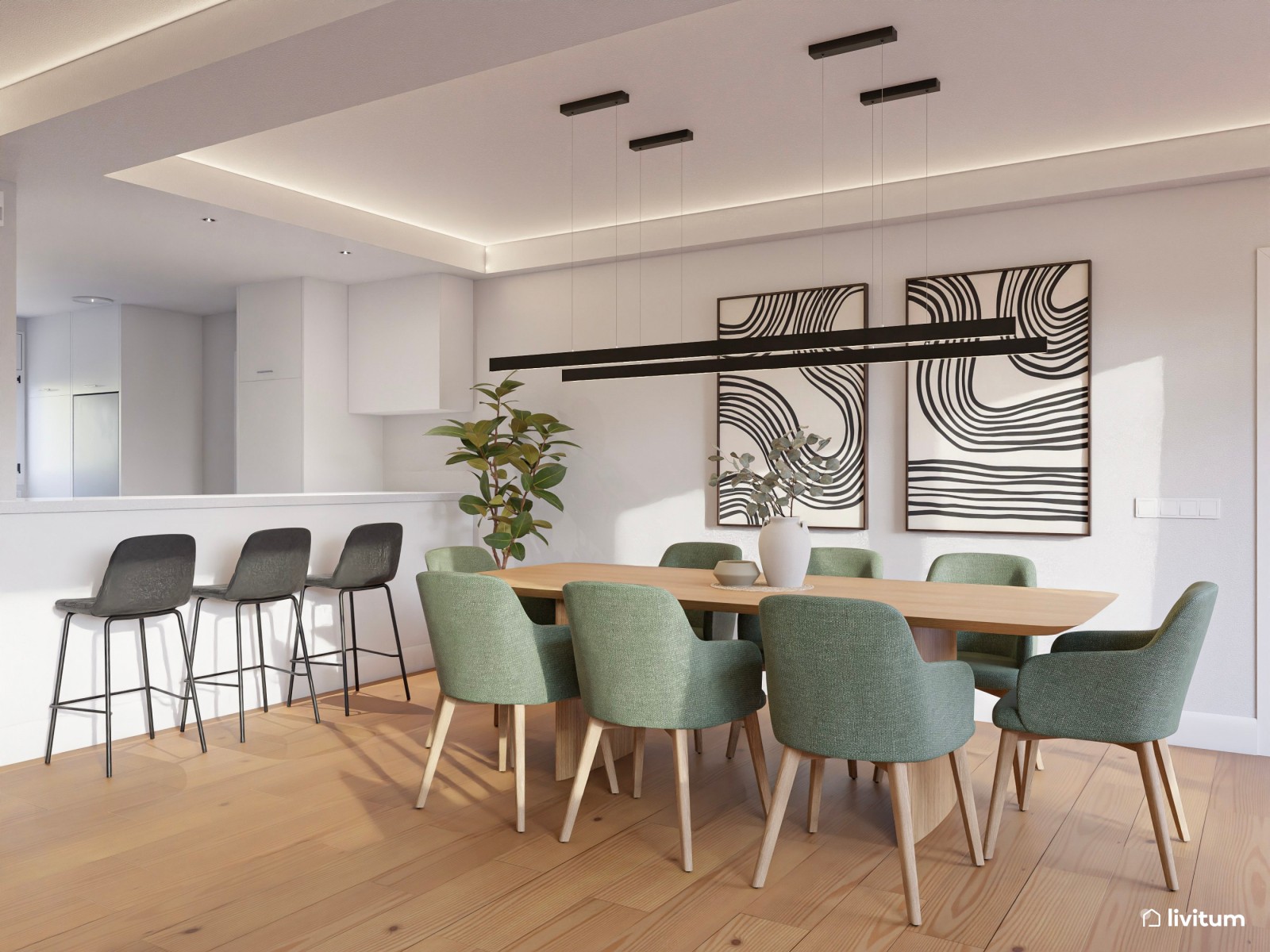Salón moderno y grande en tonos neutros y sillas verdes