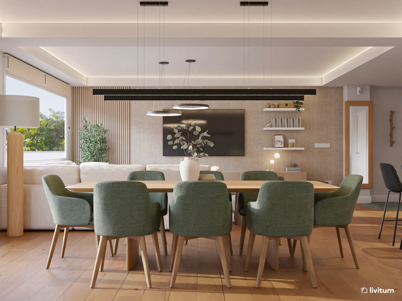 Salón moderno y grande en tonos neutros y sillas verdes