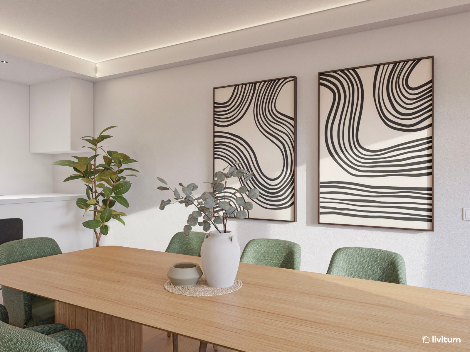 Salón moderno y grande en tonos neutros y sillas verdes