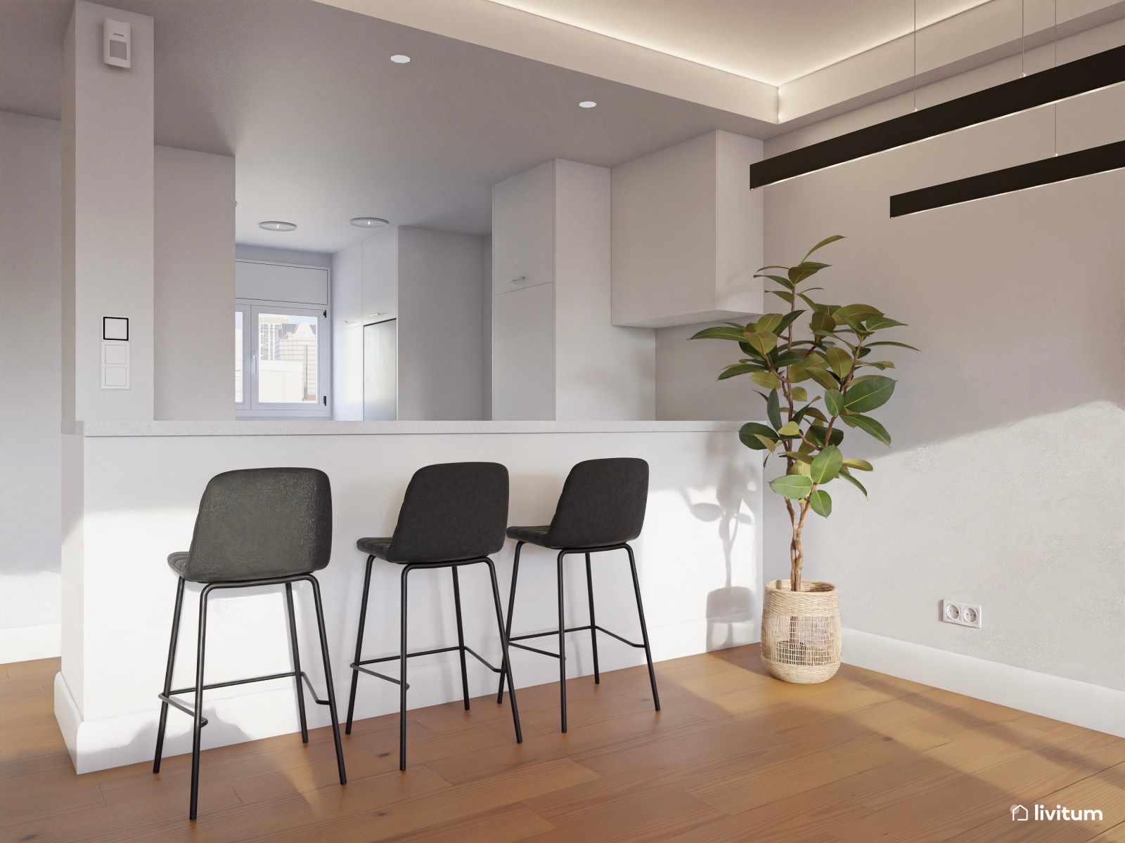 Salón moderno y grande en tonos neutros y sillas verdes