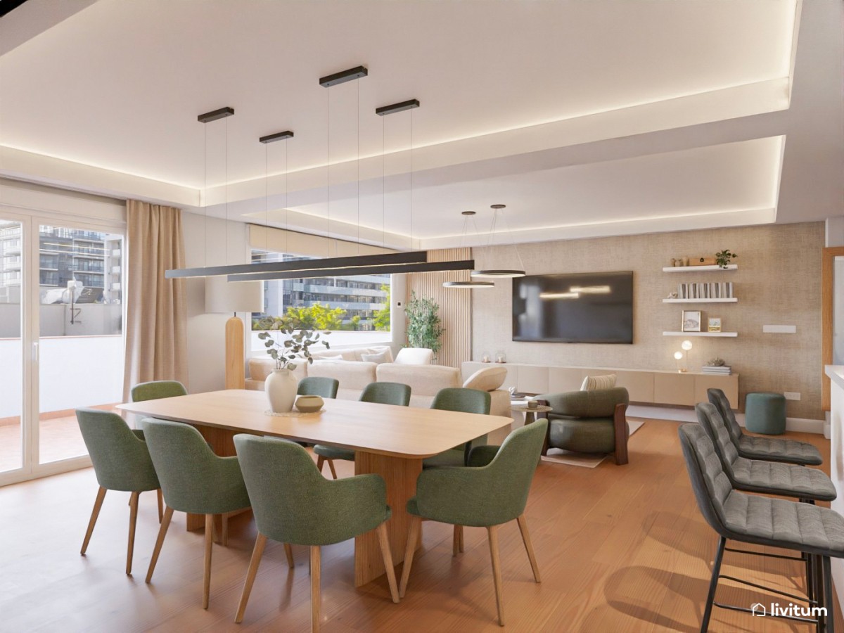 Salón moderno y grande en tonos neutros y sillas verdes