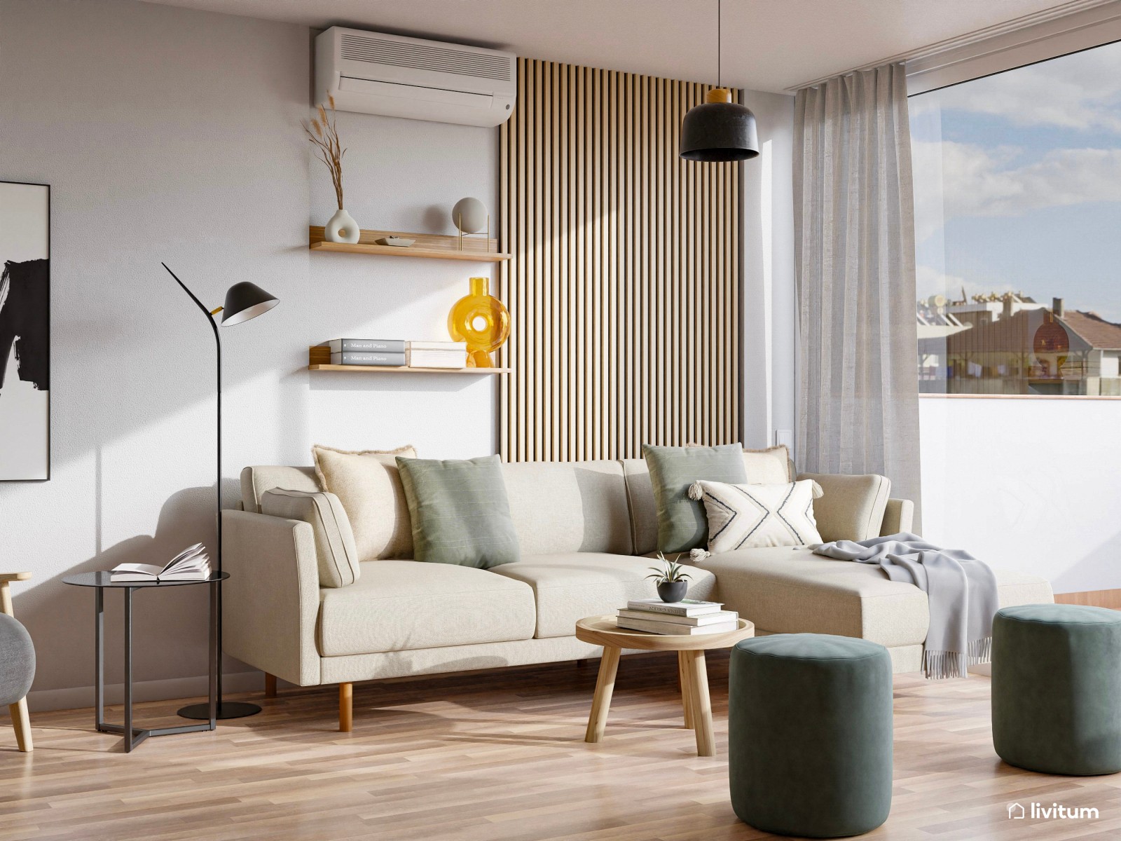 Salón moderno y luminoso con toques de verde, gris y negro