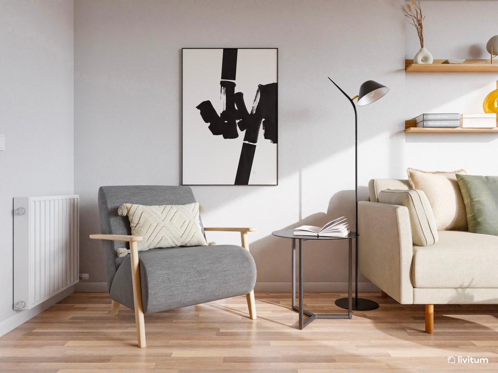 Salón moderno y luminoso con toques de verde, gris y negro