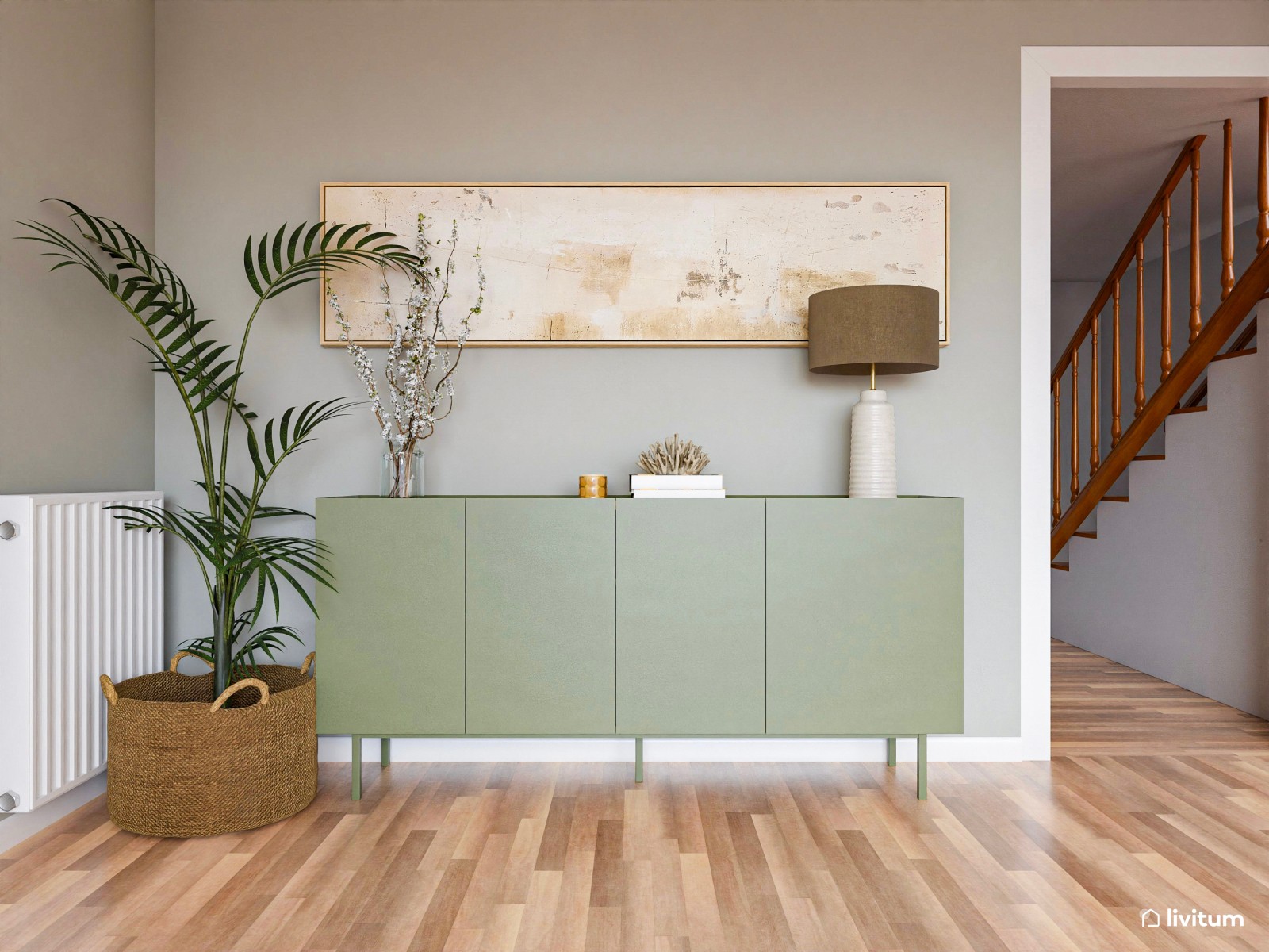 Salón moderno y luminoso con toques de verde, gris y negro