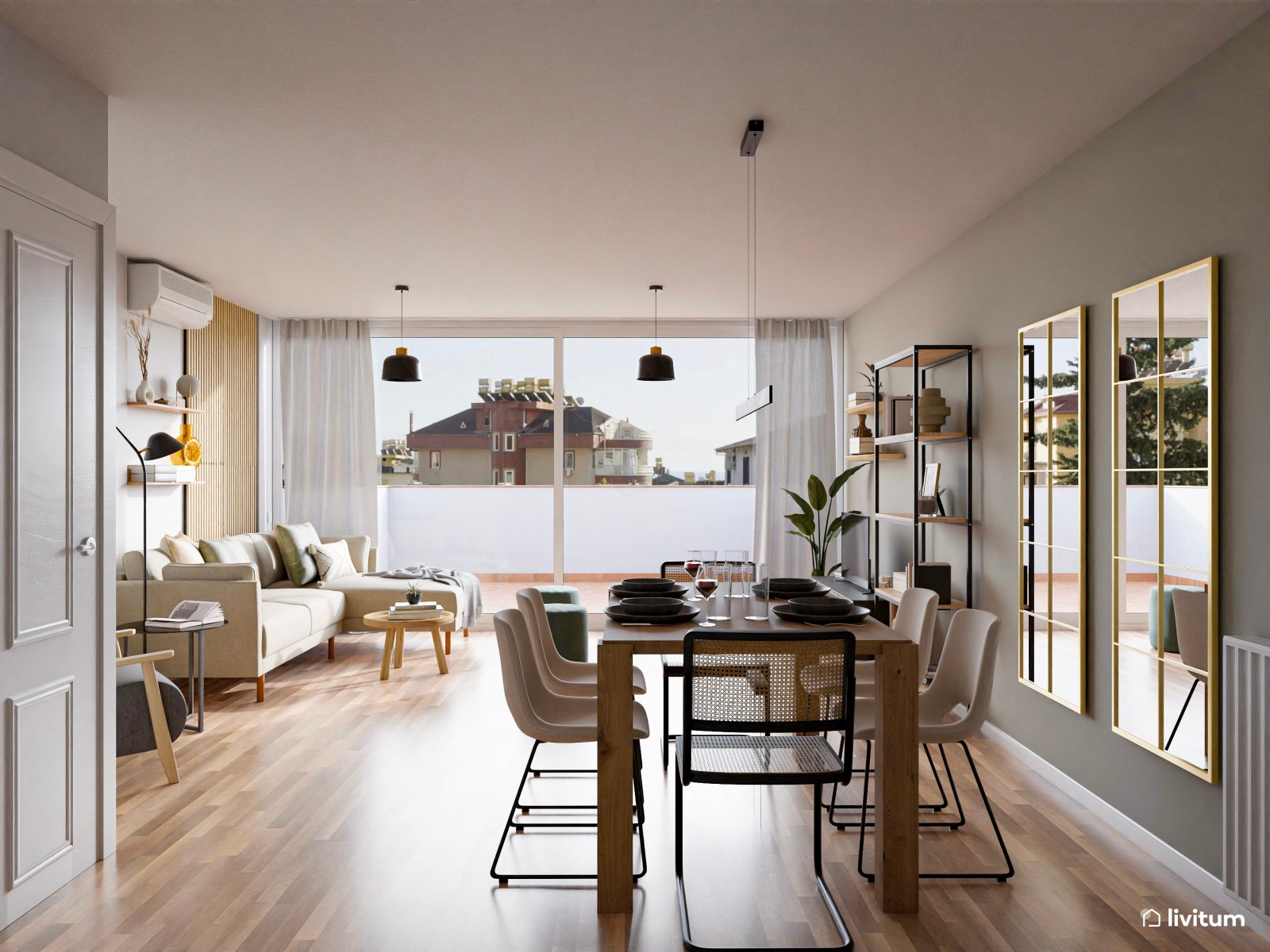 Salón moderno y luminoso con toques de verde, gris y negro