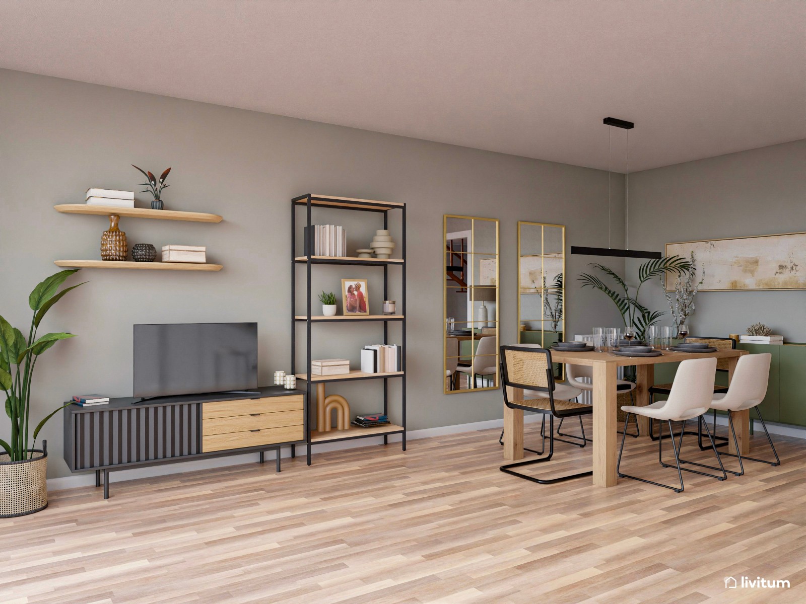 Salón moderno y luminoso con toques de verde, gris y negro