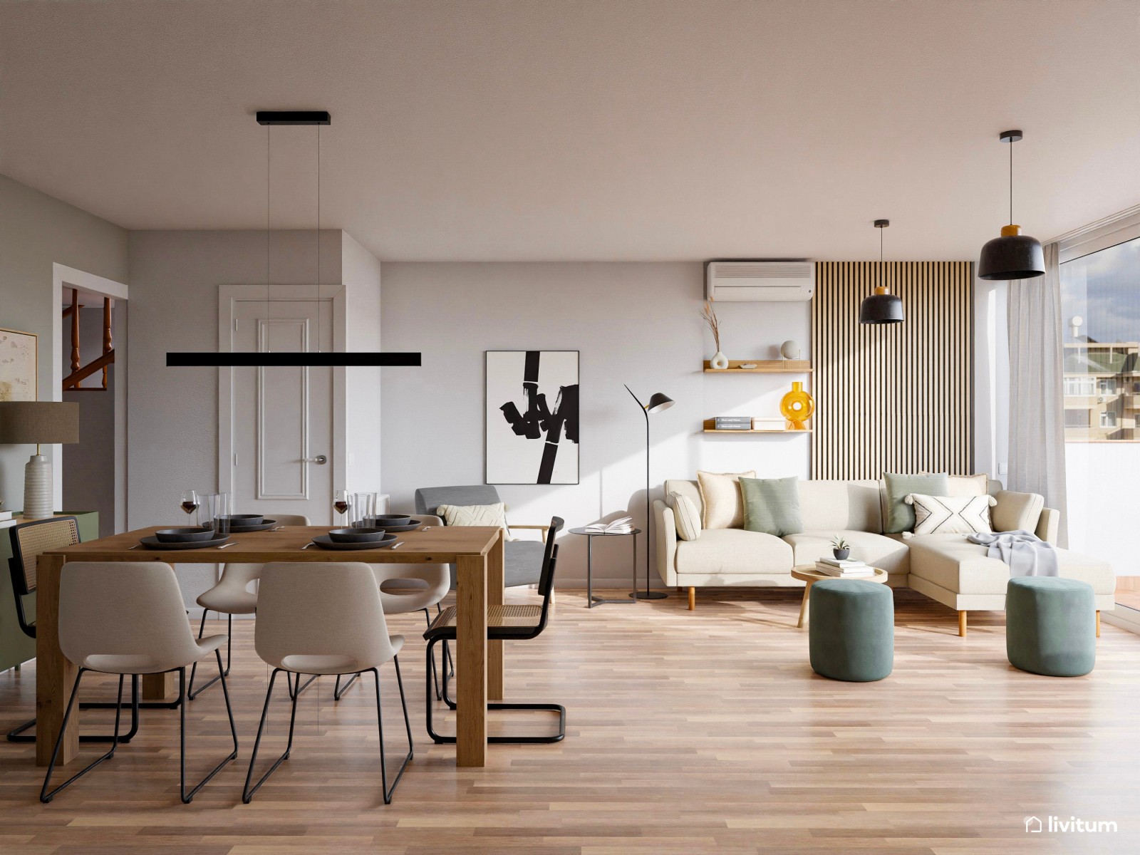 Salón moderno y luminoso con toques de verde, gris y negro