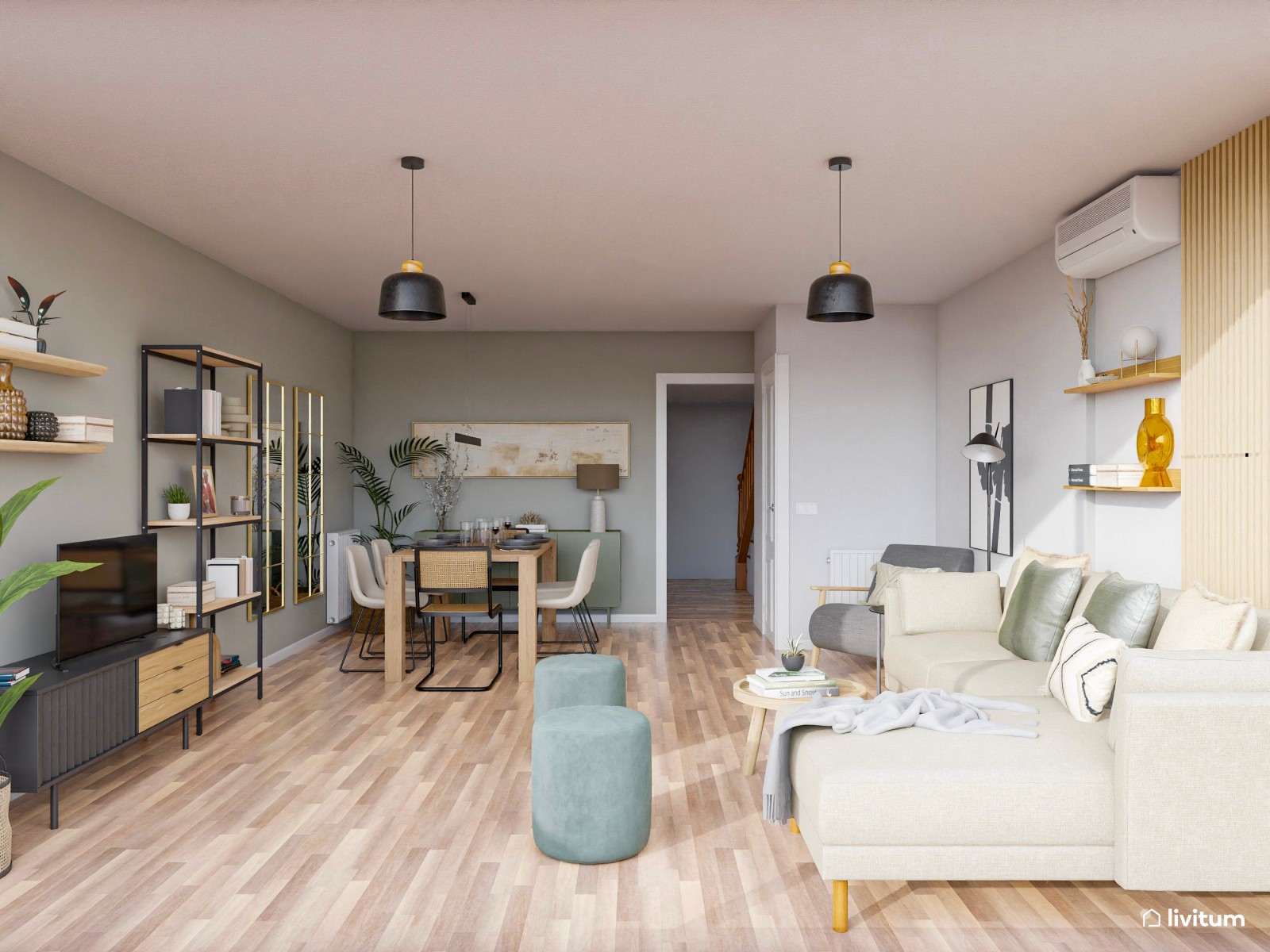 Salón moderno y luminoso con toques de verde, gris y negro