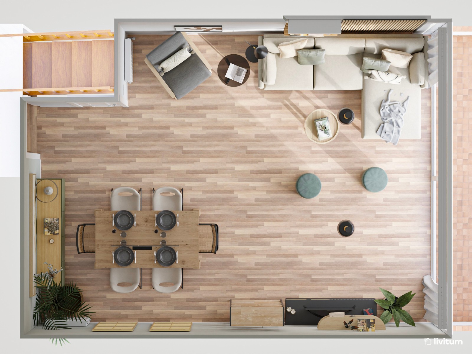 Salón moderno y luminoso con toques de verde, gris y negro