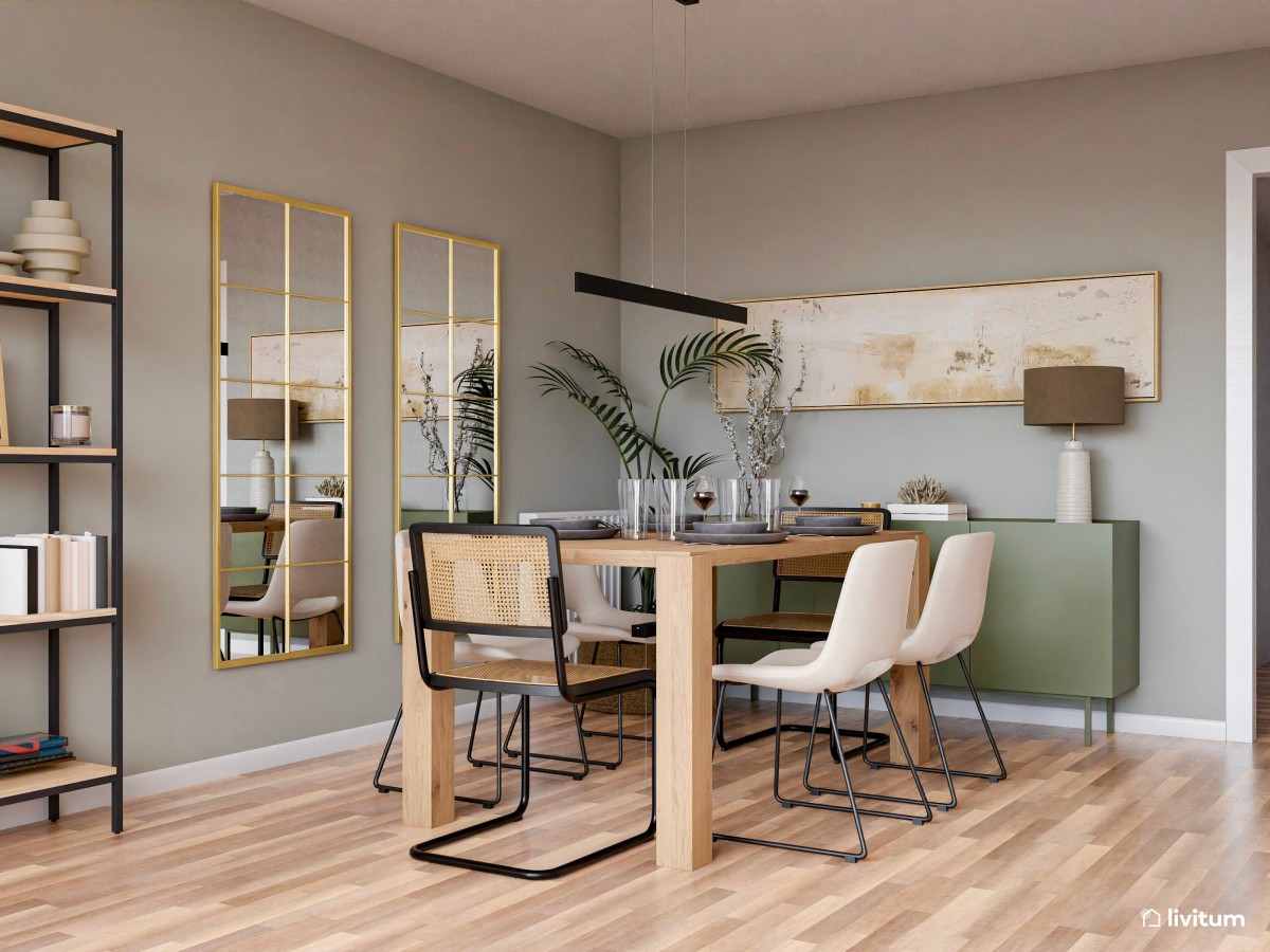 Salón moderno y luminoso con toques de verde, gris y negro