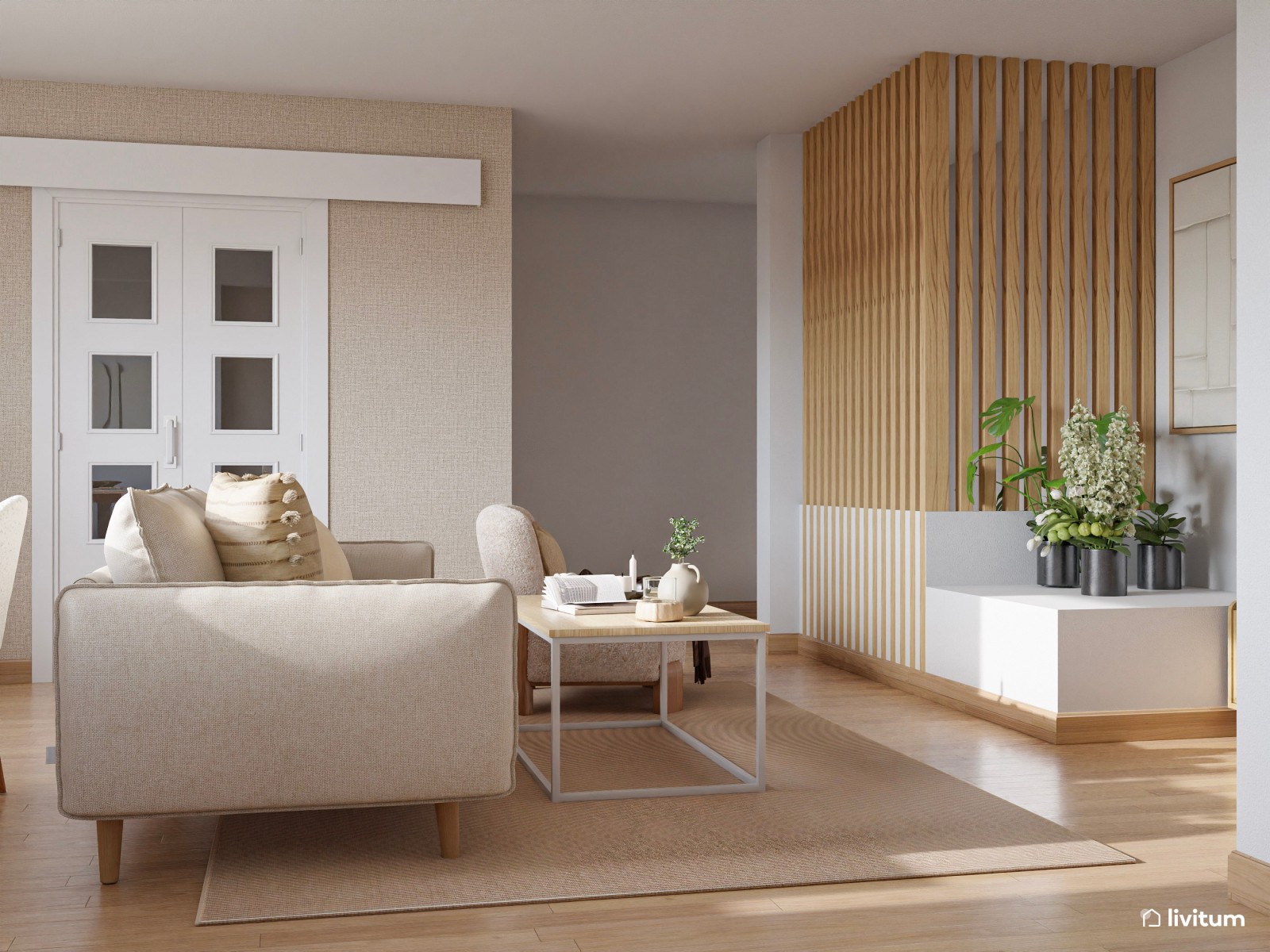 Salón moderno y nórdico con decoración en tonos tierra