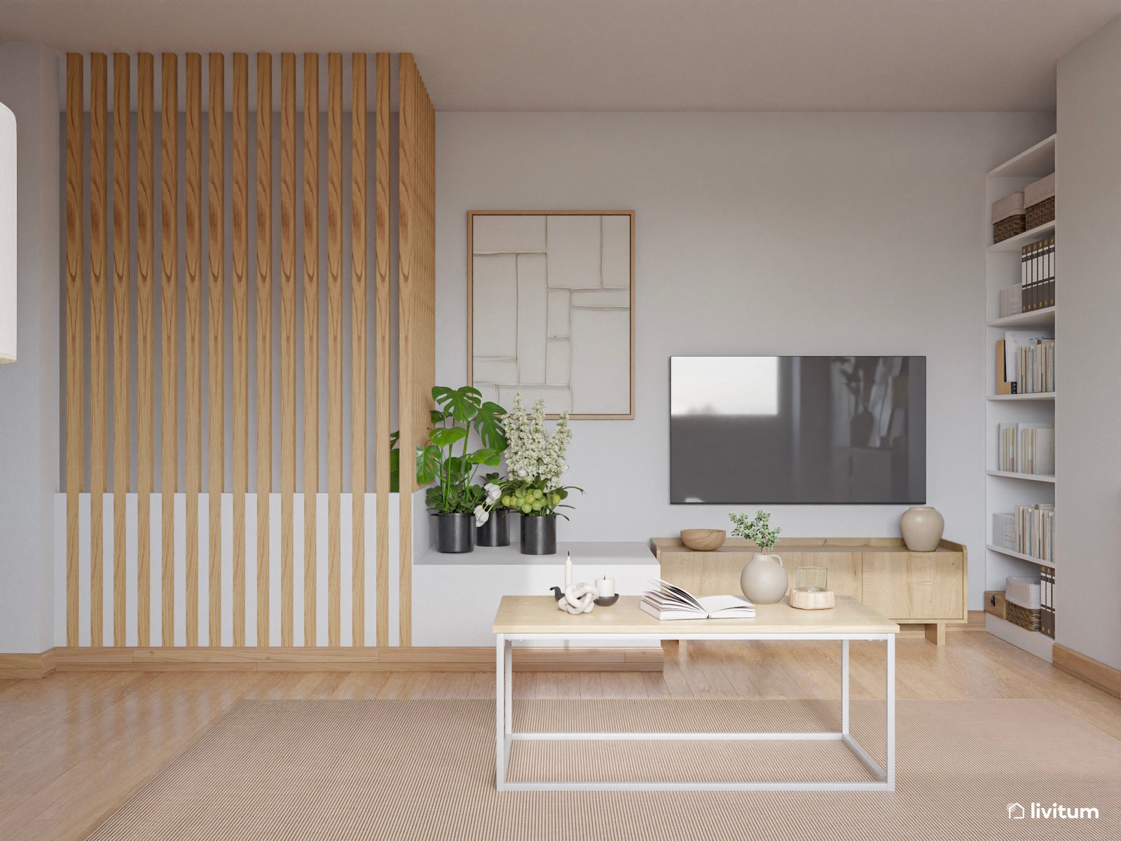 Salón moderno y nórdico con decoración en tonos tierra