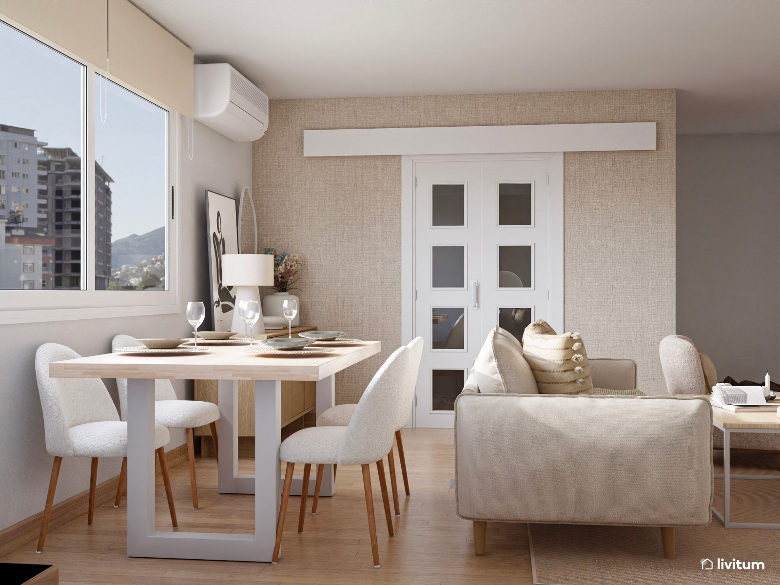 Salón moderno y nórdico con decoración en tonos tierra