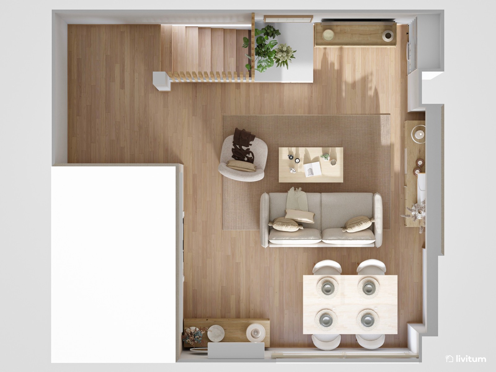 Salón moderno y nórdico con decoración en tonos tierra