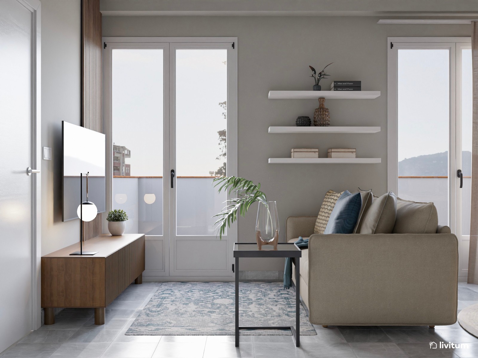 Salón moderno y pequeño con cristalera y escritorio 