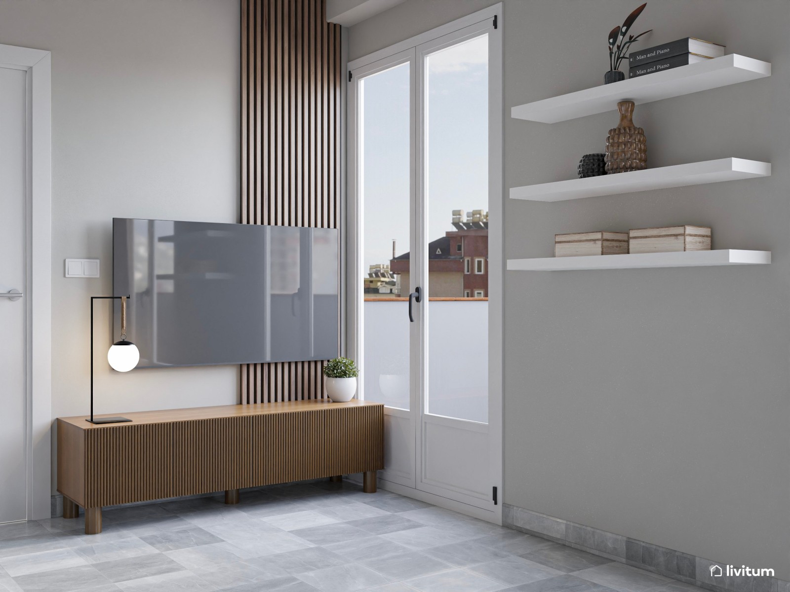 Salón moderno y pequeño con cristalera y escritorio 