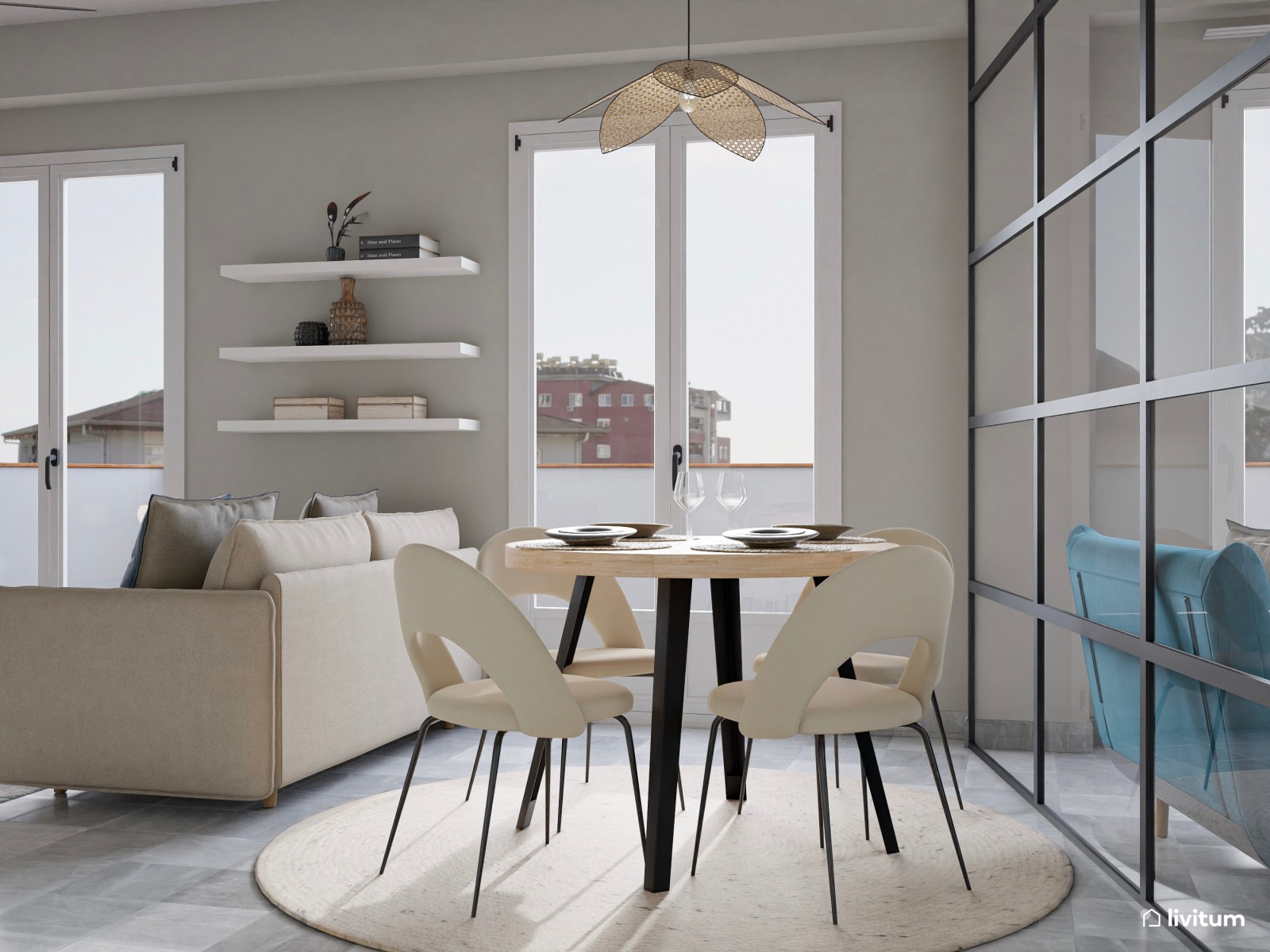 Salón moderno y pequeño con cristalera y escritorio 