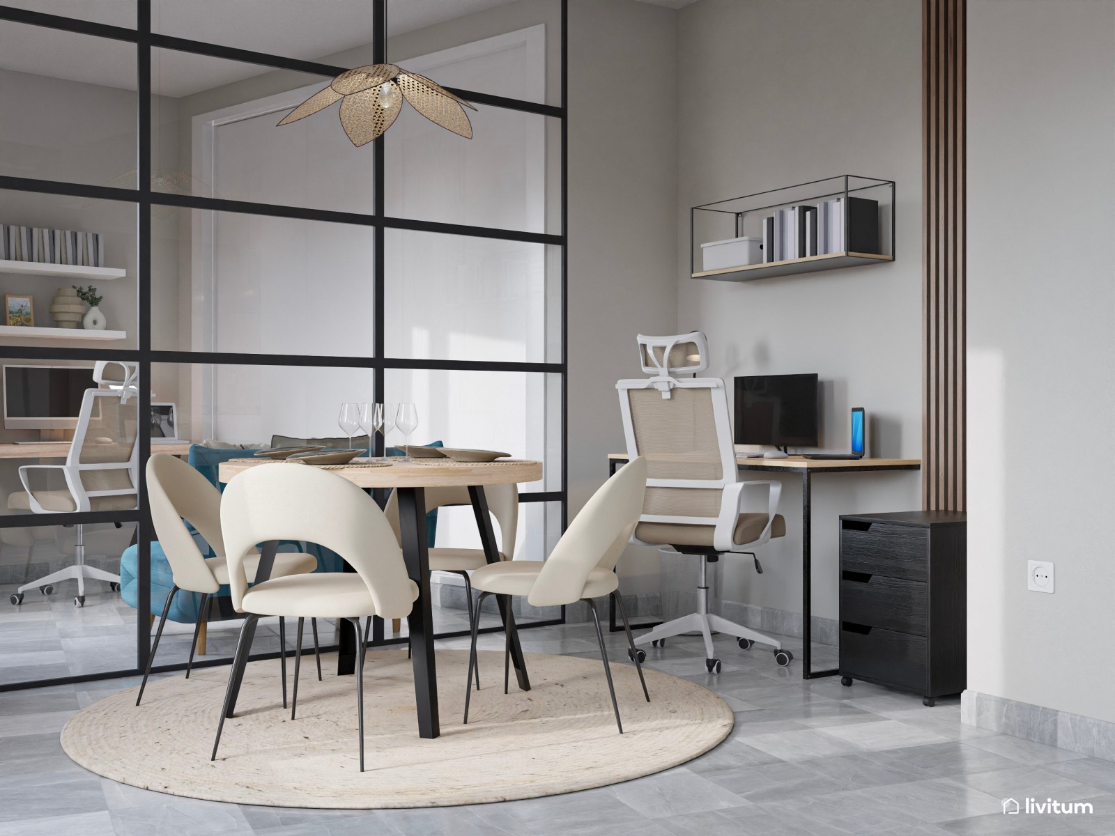 Salón moderno y pequeño con cristalera y escritorio 