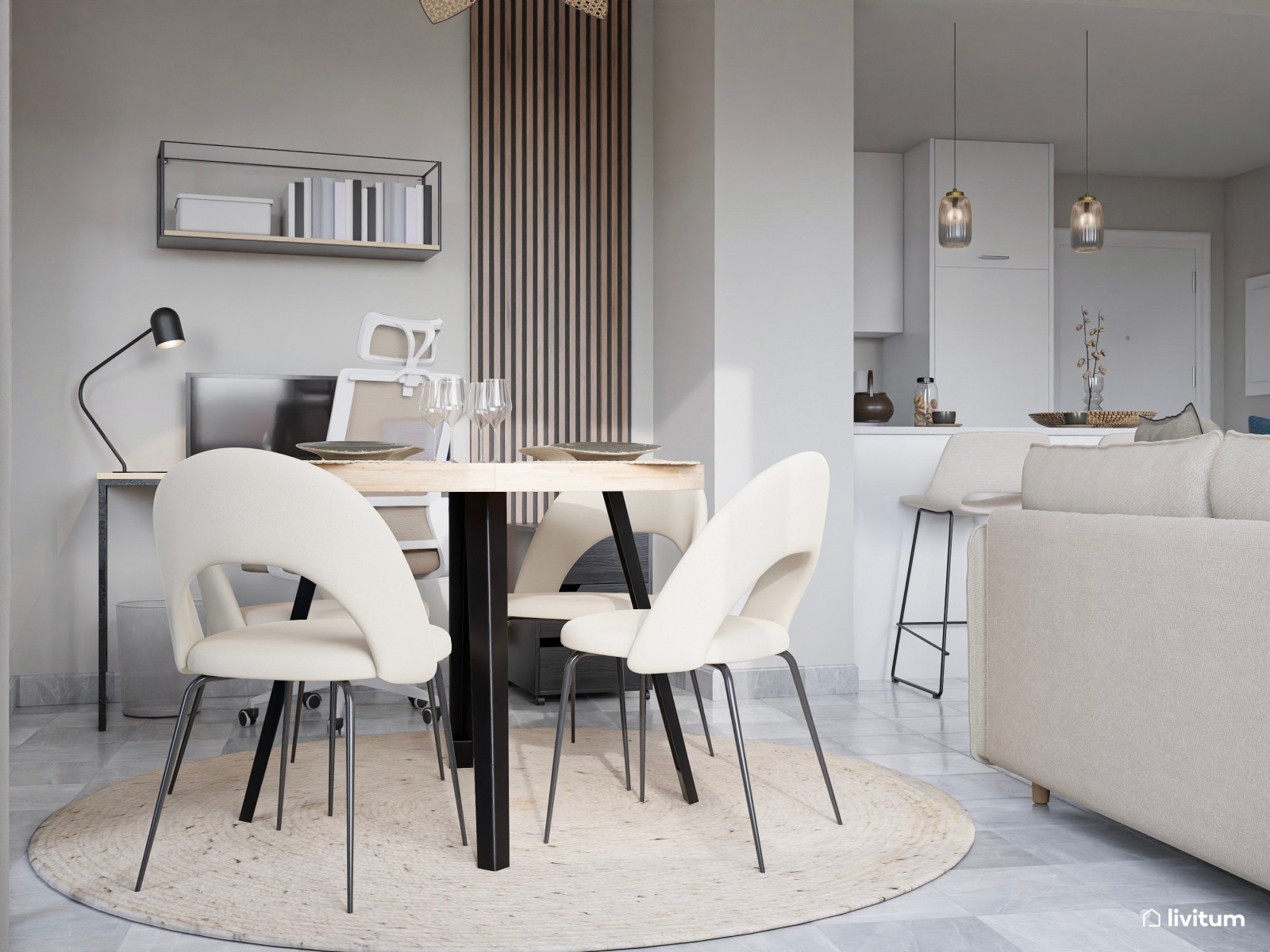 Salón moderno y pequeño con cristalera y escritorio 