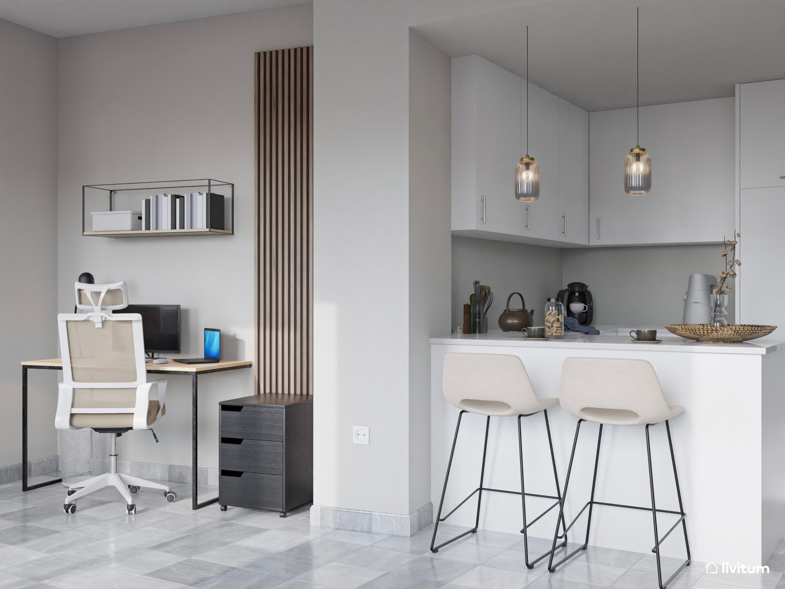 Salón moderno y pequeño con cristalera y escritorio 