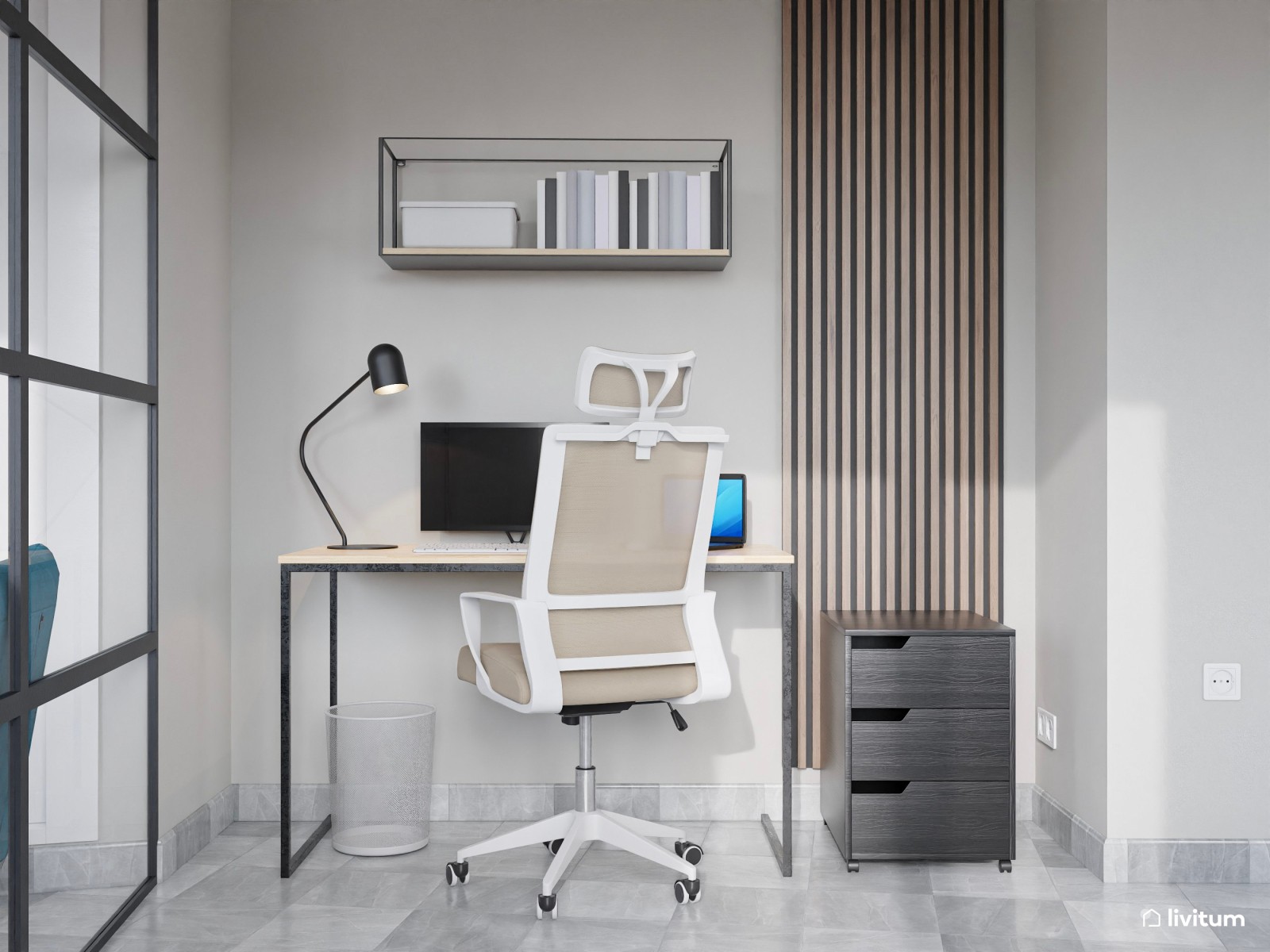 Salón moderno y pequeño con cristalera y escritorio 