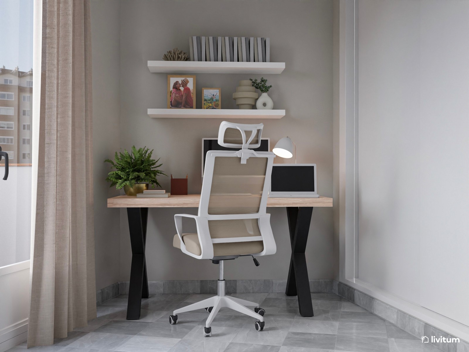 Salón moderno y pequeño con cristalera y escritorio 