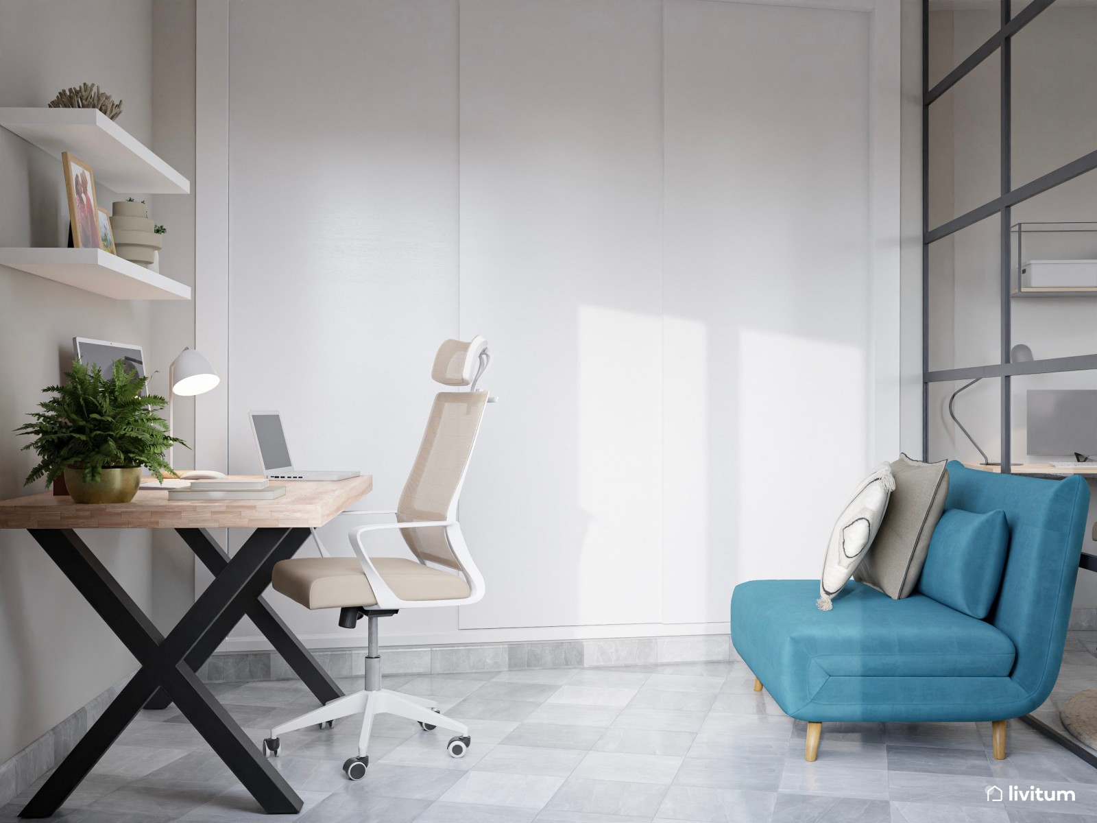 Salón moderno y pequeño con cristalera y escritorio 