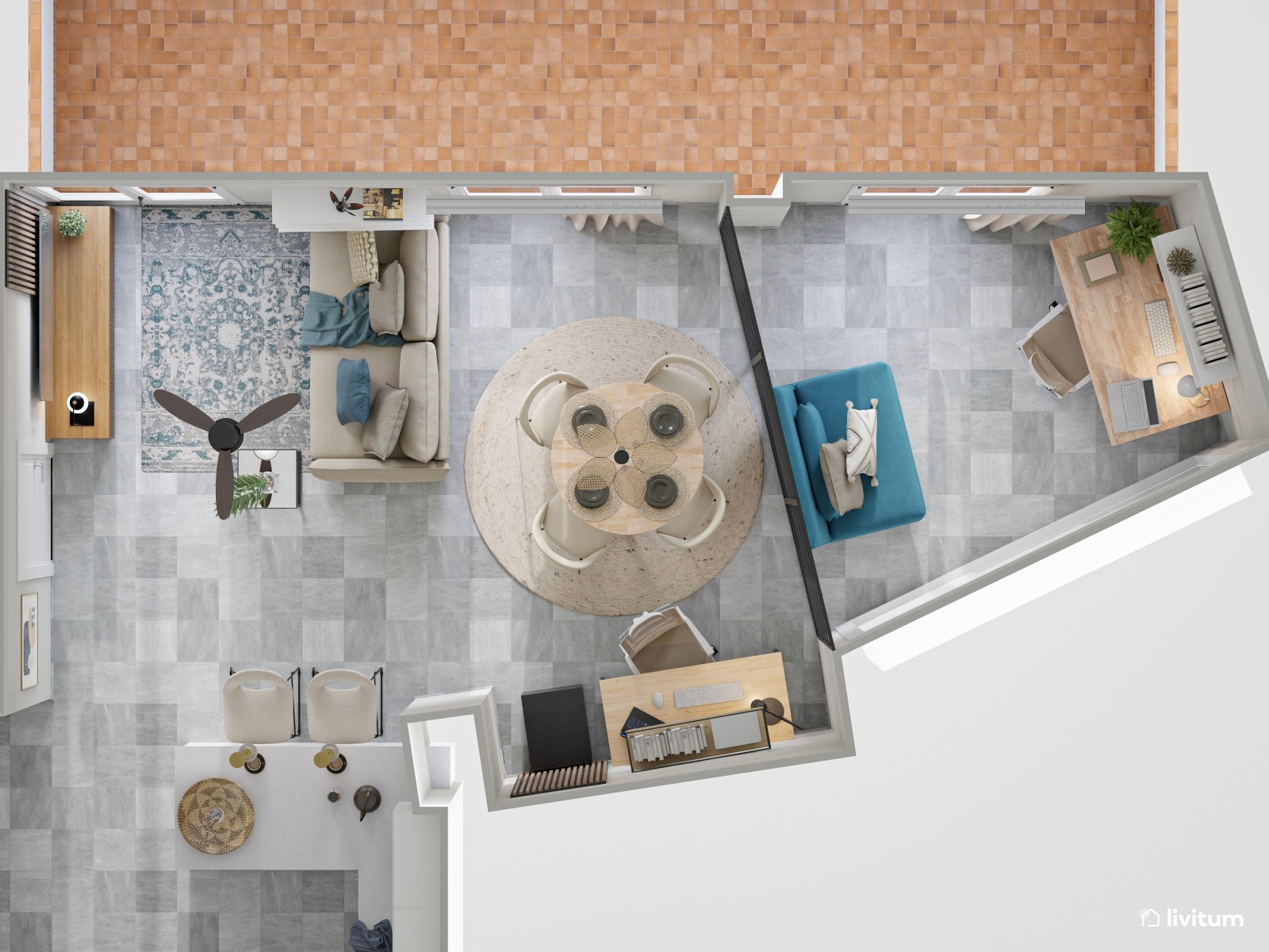 Salón moderno y pequeño con cristalera y escritorio 