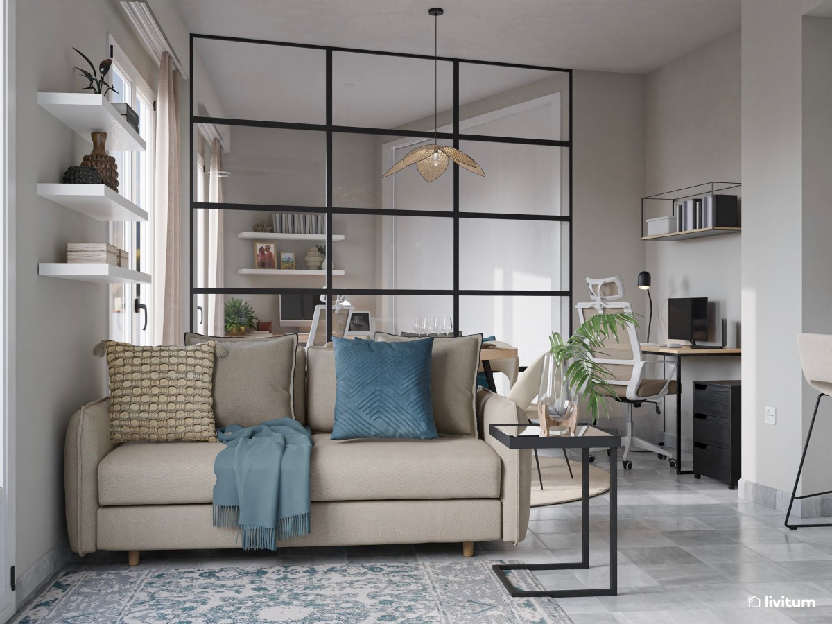 Salón moderno y pequeño con cristalera y escritorio
