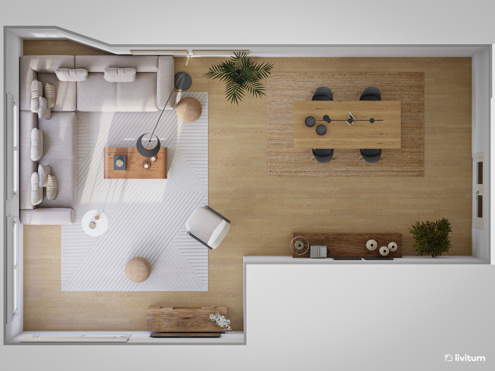 Salón moderno y rústico en blanco, negro y madera 