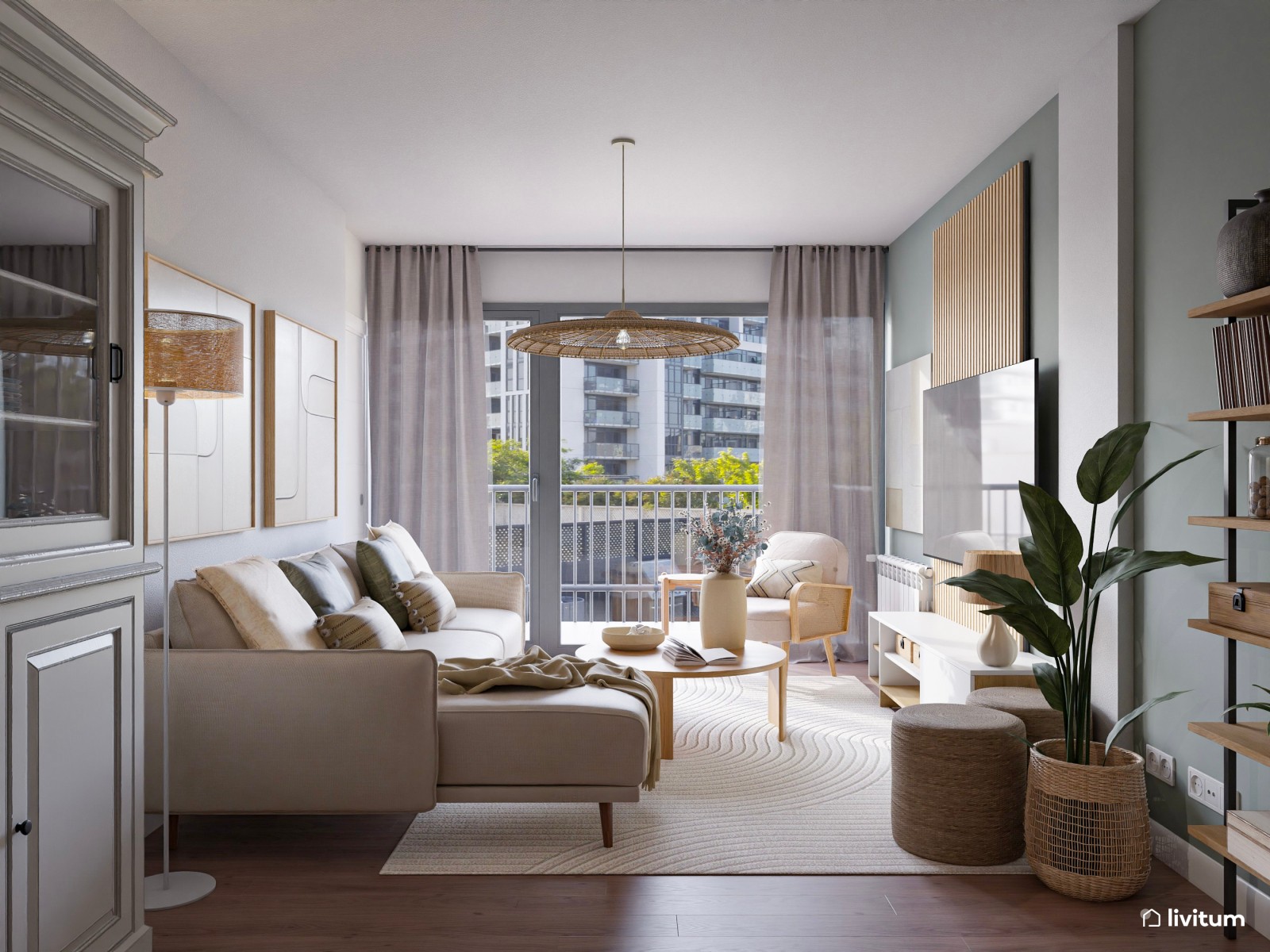 Salón muy luminoso con decoración natural y bohemia