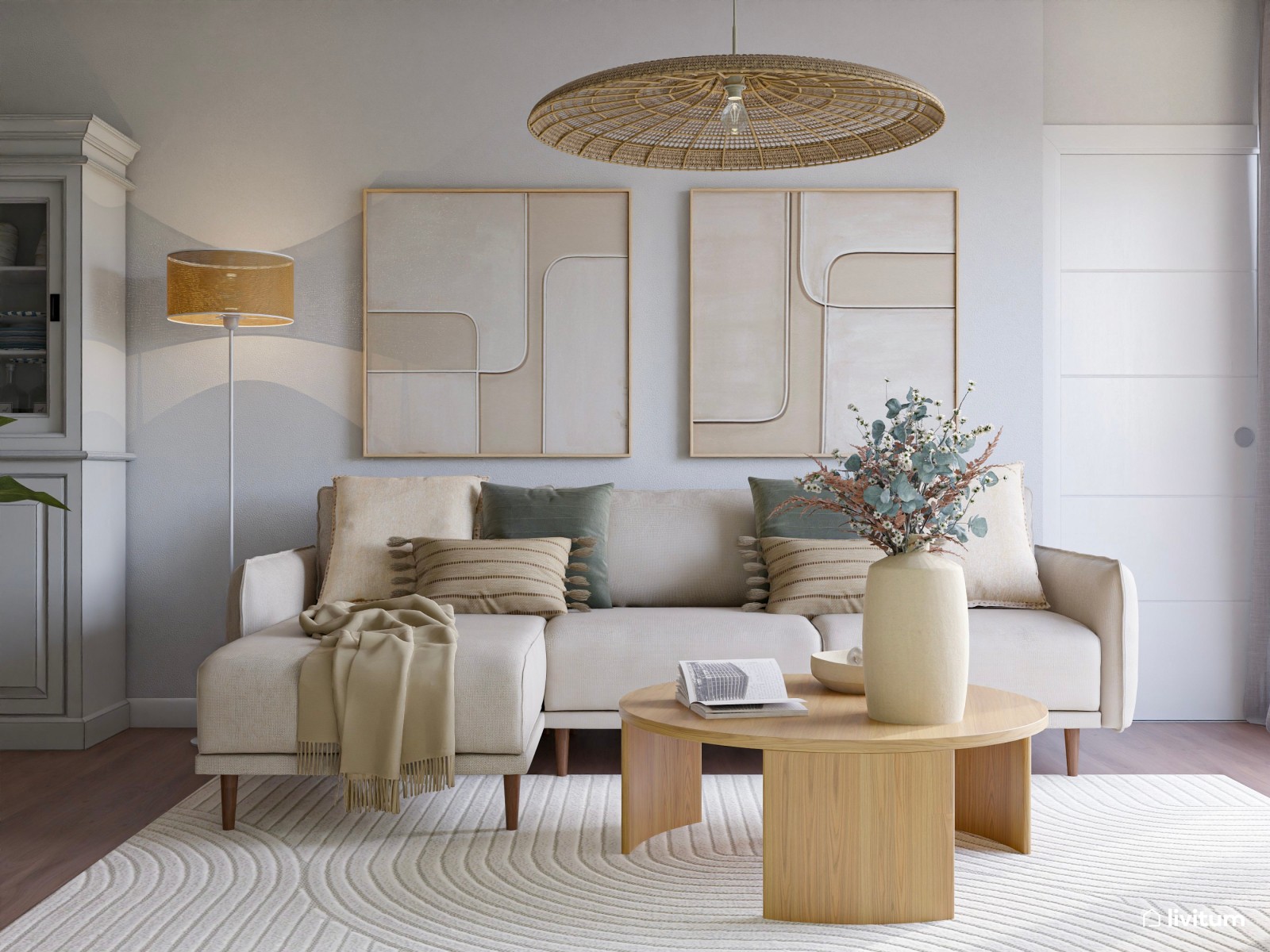 Salón muy luminoso con decoración natural y bohemia