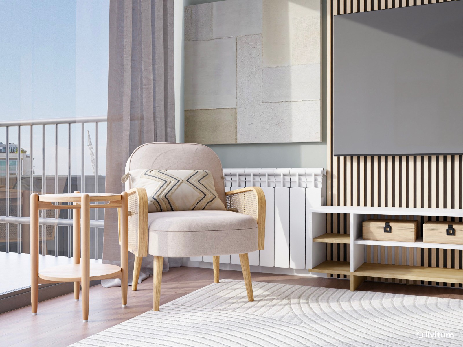 Salón muy luminoso con decoración natural y bohemia