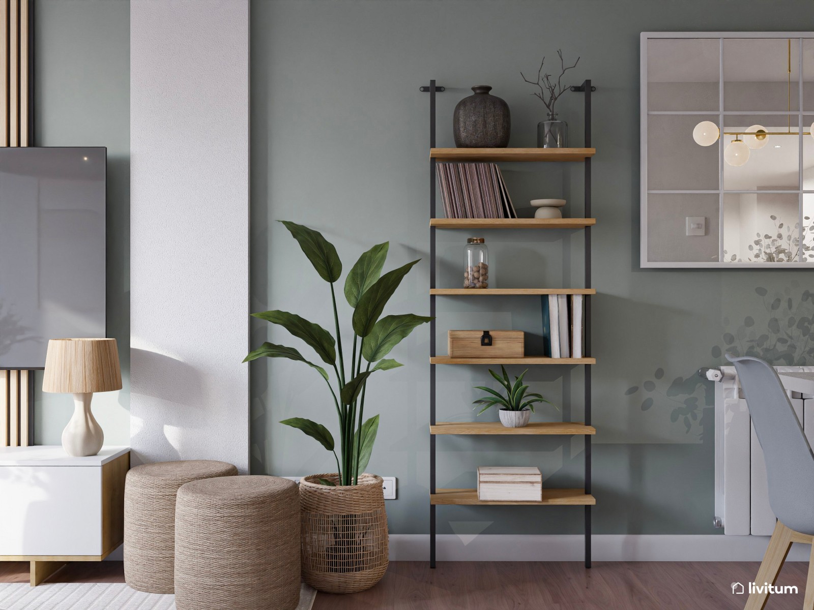 Salón muy luminoso con decoración natural y bohemia