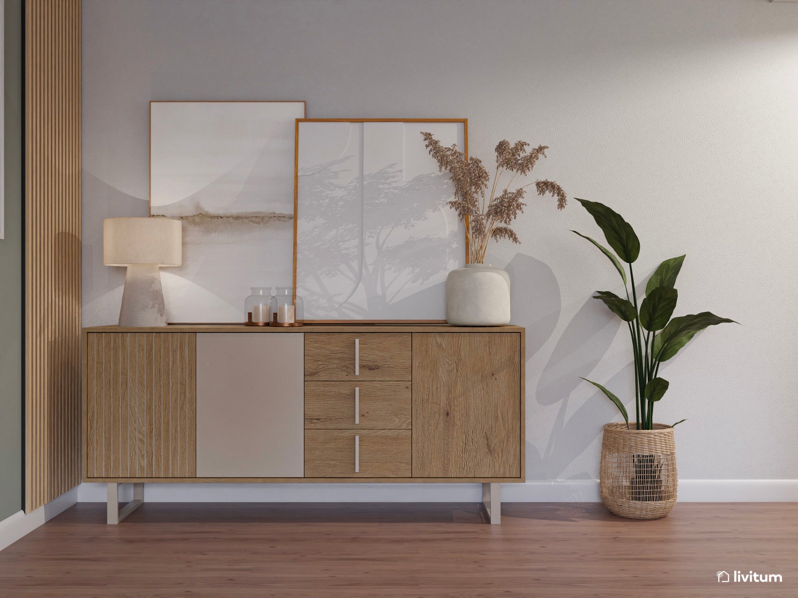 Salón muy luminoso con decoración natural y bohemia