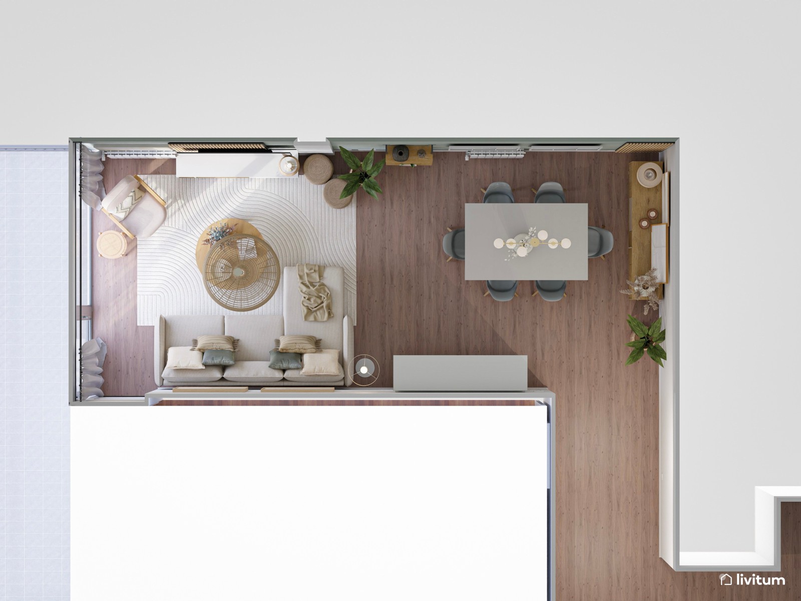 Salón muy luminoso con decoración natural y bohemia